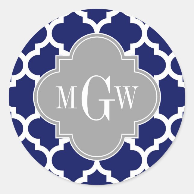 Navy Blue Wht Moroccan #5 Grey 3 Initial Monogram Classic Round Sticker (Front)
