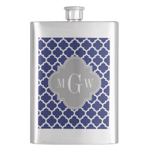 Navy Blue Wht Moroccan #5 Grey 3 Initial Monogram Hip Flask
