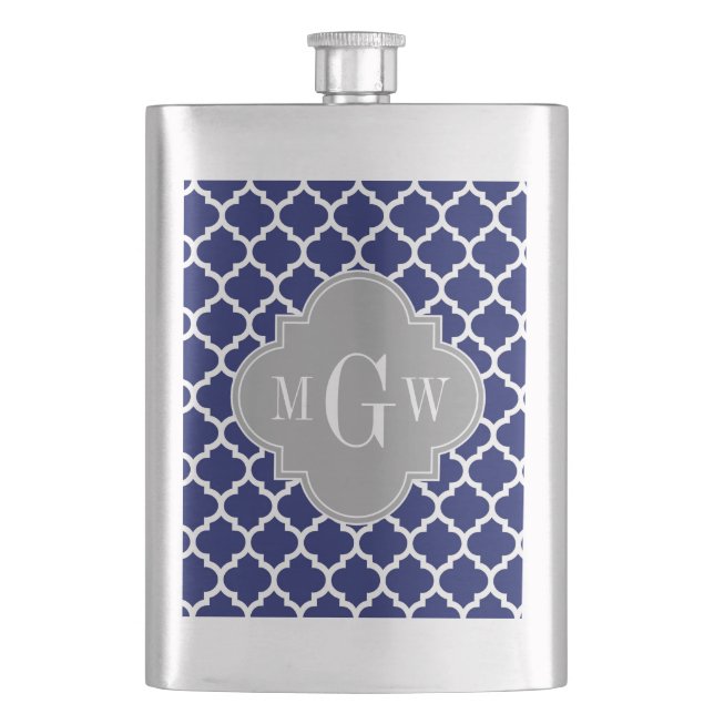 Navy Blue Wht Moroccan #5 Grey 3 Initial Monogram Hip Flask (Front)