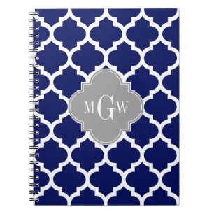 Navy Blue Wht Moroccan #5 Grey 3 Initial Monogram Spiral Notebook