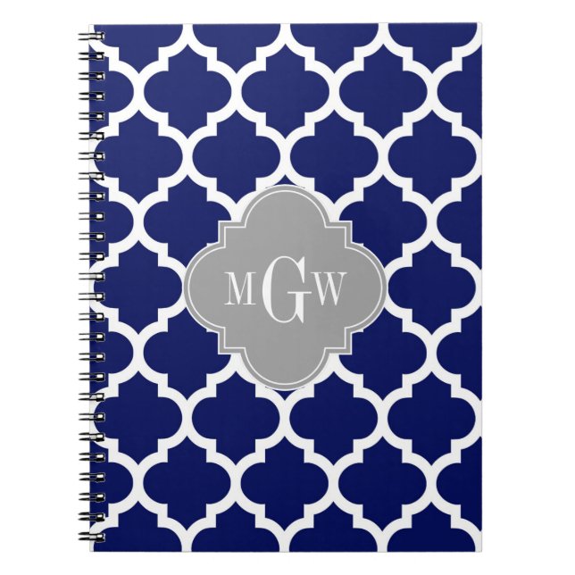 Navy Blue Wht Moroccan #5 Grey 3 Initial Monogram Spiral Notebook (Front)