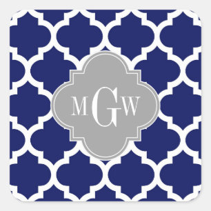 Navy Blue Wht Moroccan #5 Grey 3 Initial Monogram Square Sticker