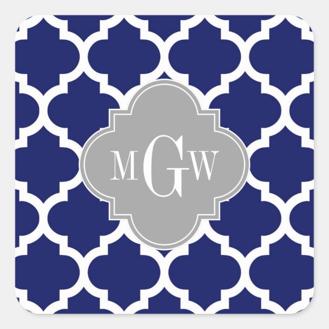 Navy Blue Wht Moroccan #5 Grey 3 Initial Monogram Square Sticker (Front)