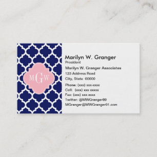 Navy Blue Wht Moroccan #5 Pink 3 Initial Monogram Business Card