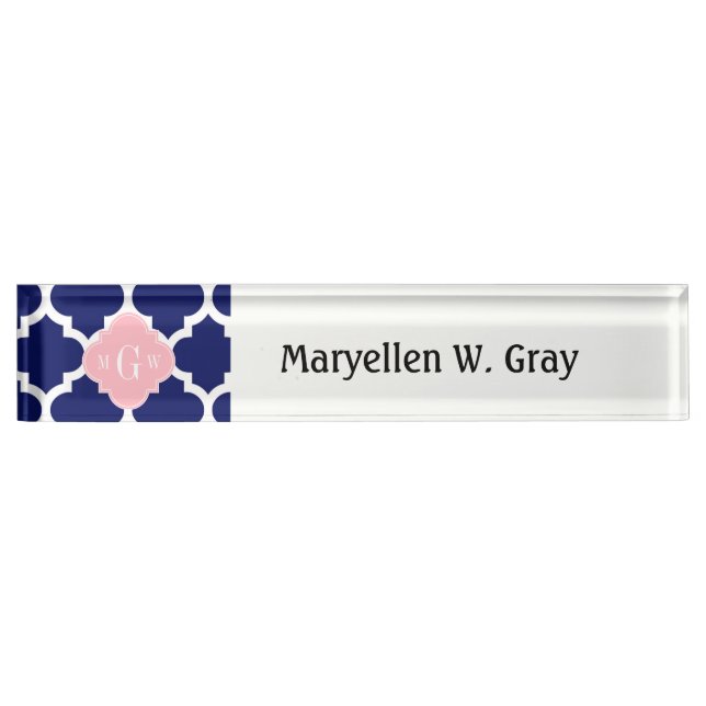 Navy Blue Wht Moroccan #5 Pink 3 Initial Monogram Nameplate (Front)