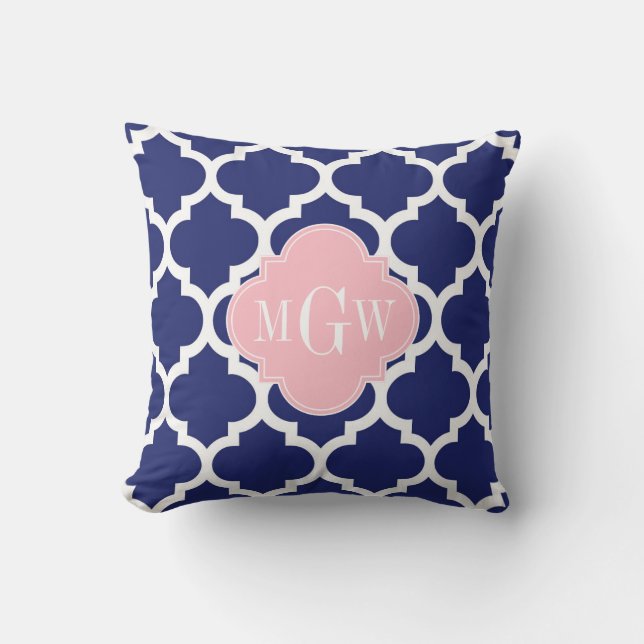 Navy Blue Wht Moroccan #5 Pink 3 Initial Monogram Outdoor Cushion (Front)