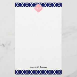Navy Blue Wht Moroccan #5 Pink 3 Initial Monogram Stationery