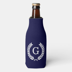 Navy Blue Wht Wheat Laurel Wreath Initial Monogram Bottle Cooler