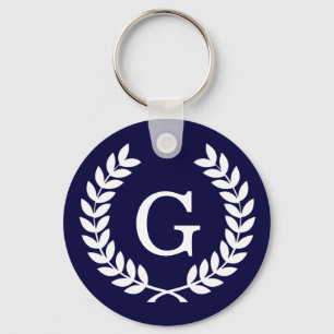 Navy Blue Wht Wheat Laurel Wreath Initial Monogram Key Ring