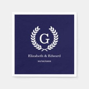 Navy Blue Wht Wheat Laurel Wreath Initial Monogram Napkin
