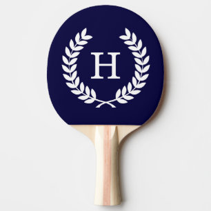 Navy Blue Wht Wheat Laurel Wreath Initial Monogram Ping Pong Paddle