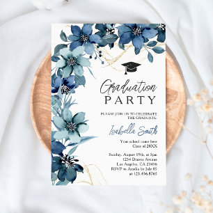 Navy Blue Wild Flowers Chic Graduation Invitation
