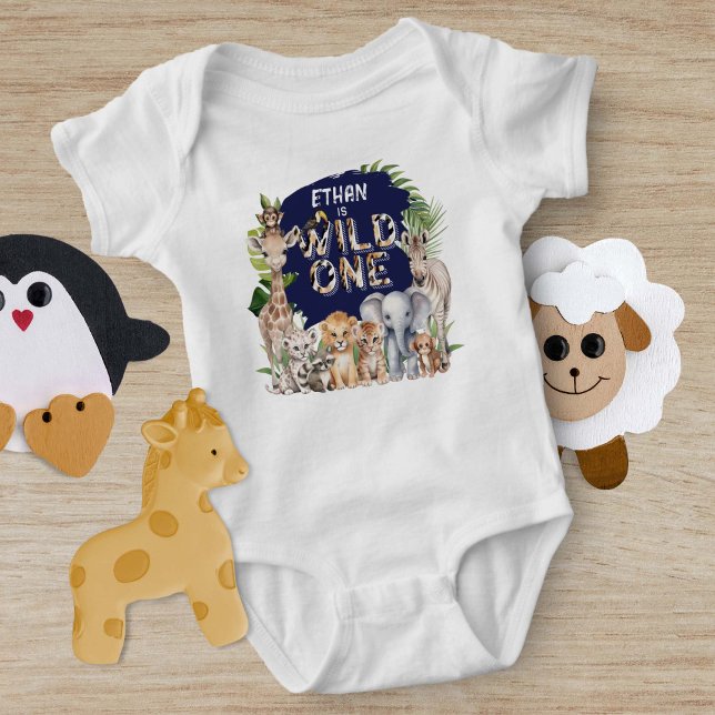 Navy Blue Wild One Animals Safari Themed 1st birth Baby Bodysuit (Creator Uploaded)