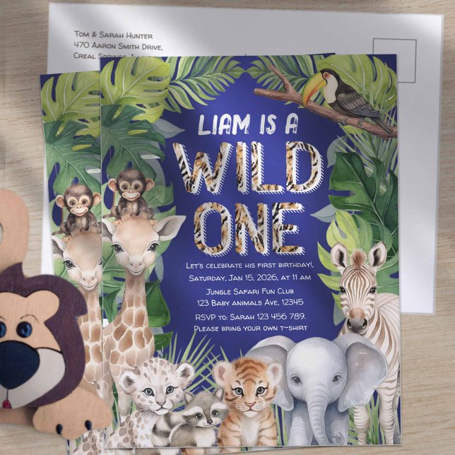 Navy blue Wild one, Jungle animals 1st birthday Invitation Postcard (Wild one, Safari animals themed, navy blue postcard invitation.)