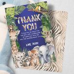 Navy Blue Wild One Jungle Animals 1st birthday Thank You Card<br><div class="desc">Introduce a touch of the wild to your child's special day with PixeliaDesigns' "Wild One Safari Animals 1st Birthday Thank You" cards. These beautifully crafted cards are a perfect way to express your gratitude, featuring stunning watercolor artwork of tropical leaves and beloved safari animals, including the majestic tiger, playful zebra,...</div>