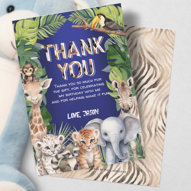 Navy Blue Wild One Jungle Animals 1st birthday Thank You Card (Creator Uploaded)