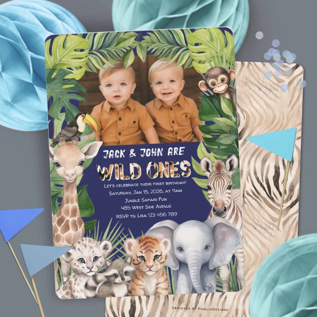 Navy Blue Wild one, Twins Photo Safari themed Invitation (Twins wild one, baby boy 1st birthday invitation, navy blue, safari jungle animals theme.
)