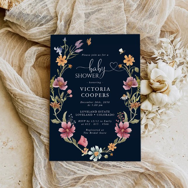 Navy Blue Wildflower Baby Shower Invitation (Creator Uploaded)