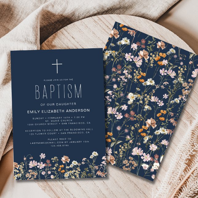 Navy Blue Wildflower Baptism Garden In Bloom  Invitation (Creator Uploaded)