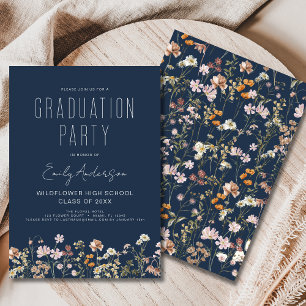 Navy Blue Wildflower Bloom Graduation Party Boho Invitation