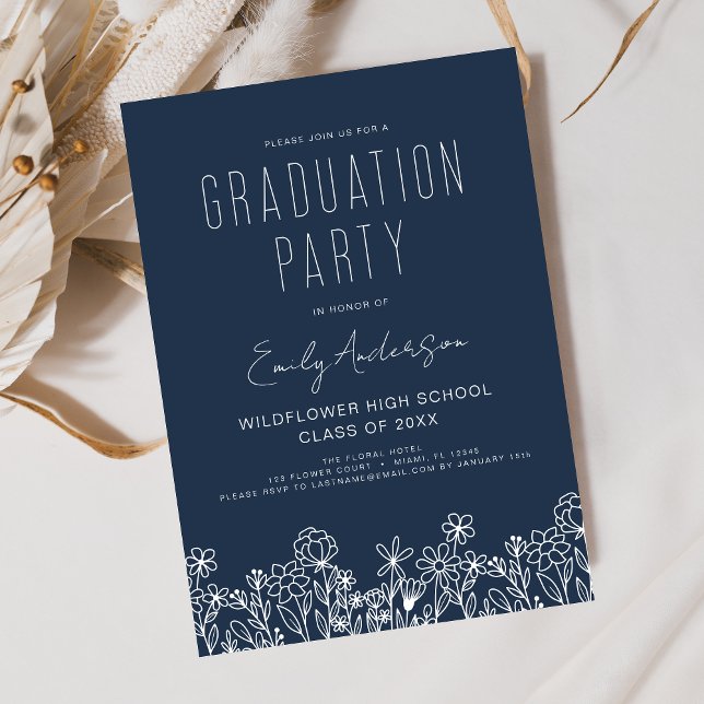 Navy Blue Wildflower Bloom Graduation Party Boho Invitation (Creator Uploaded)