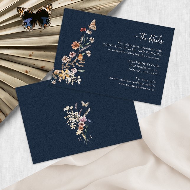 Navy Blue Wildflower Boho Enclosure Card (Navy Blue Wildflower Boho Enclosure Card Monogram Butterfly by Painted Paperie
)