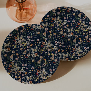 Navy Blue Wildflower Boho Wildflowers Paper Plate