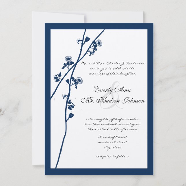 Navy Blue Wildflower Branches Wedding Invitation (Front)
