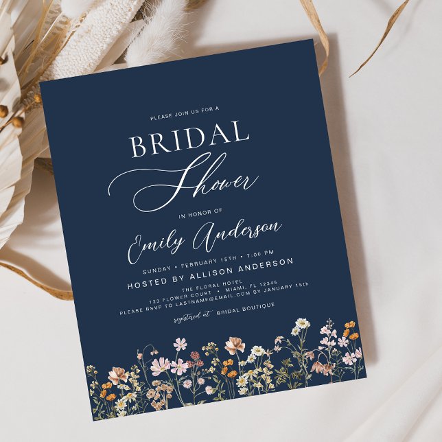 Navy Blue Wildflower Bridal Shower Invitation Flyer (Creator Uploaded)