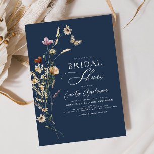 Navy Blue Wildflower Bridal Shower Script Invitation