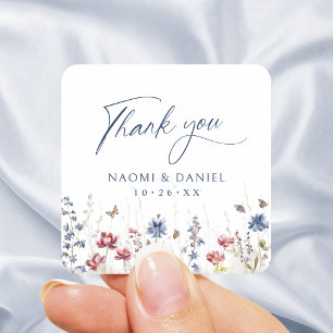 Navy Blue Wildflower Field Rustic Thank You Favors Square Sticker