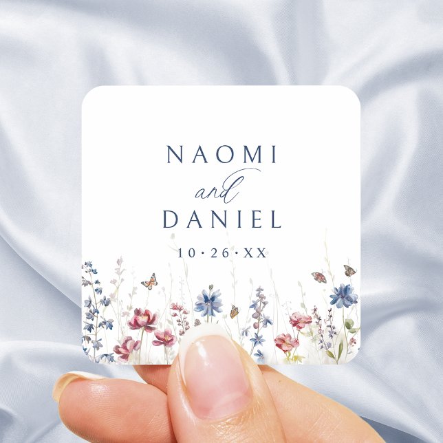 Navy Blue Wildflower Field Rustic Wedding Favors Square Sticker (Navy Blue Wildflower Field Rustic Wedding Favors Square Sticker)