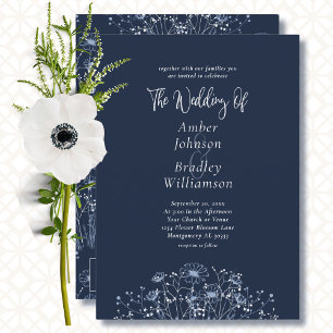 Navy Blue Wildflower Floral QR Code Wedding Invitation