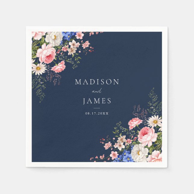 Navy Blue Wildflower Floral Wedding Napkin (Front)