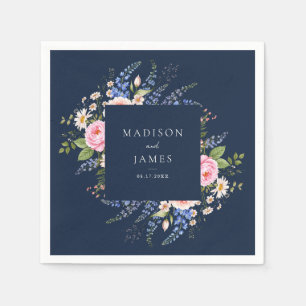 Navy Blue Wildflower Floral Wedding Napkin