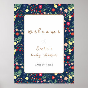 Navy Blue Wildflower Frame Baby Shower Welcome Poster