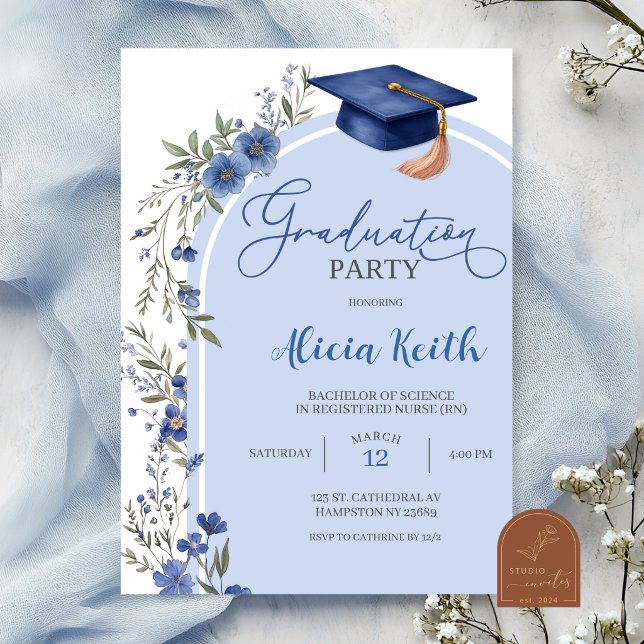 Navy Blue Wildflower Graduation Invitation (Creator Uploaded)