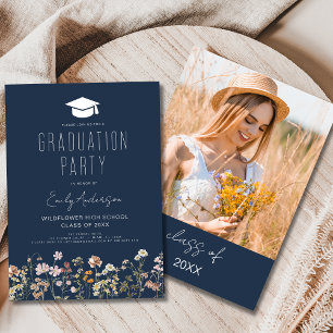 Navy Blue Wildflower Graduation Party Boho Invitation