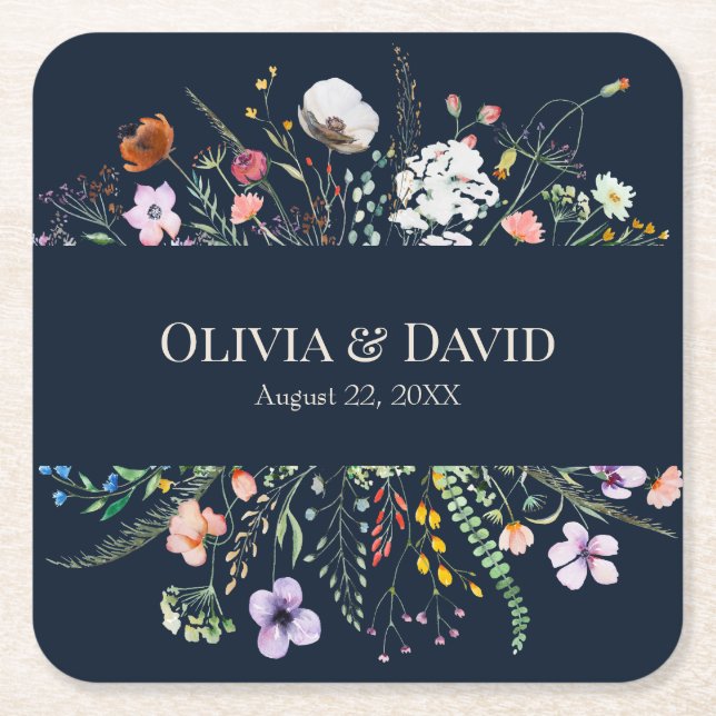 Navy Blue Wildflower Meadow Wedding Square Paper Coaster (Front)