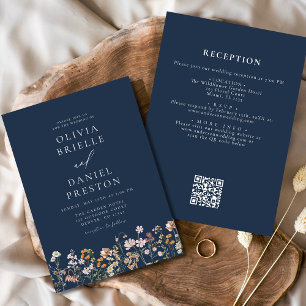 Navy Blue Wildflower QR Code Garden Wedding Invitation