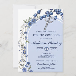 Navy Blue Wildflower Rosary First Holy Communion B Invitation