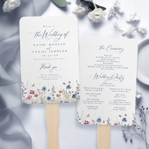 Navy Blue Wildflower Rustic Wedding Programs Hand Fan