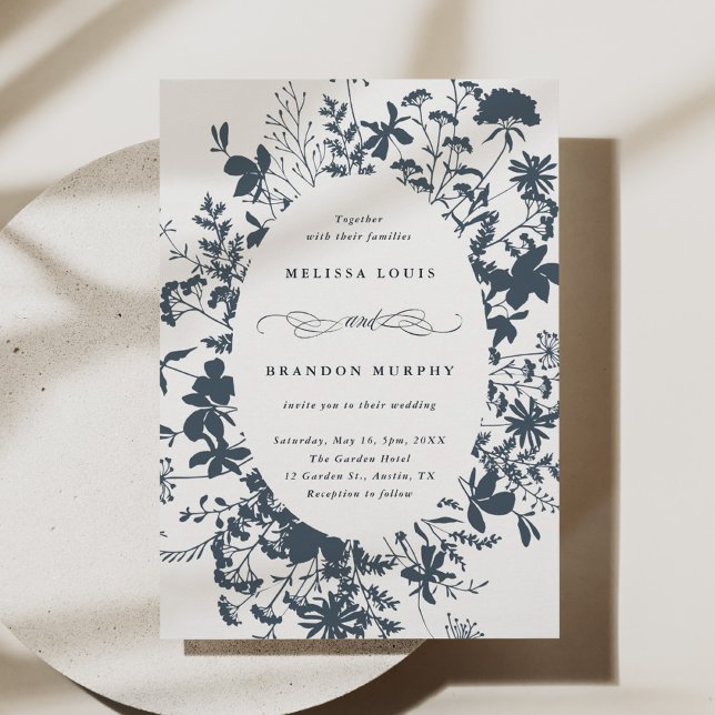 Navy Blue Wildflower Silhouette Wedding Invitation (Creator Uploaded)