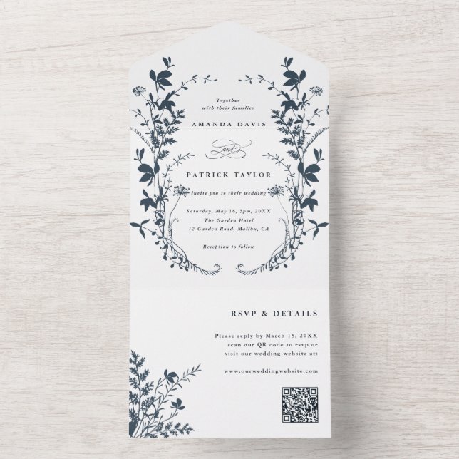 Navy Blue Wildflower Silhouette Wreath Wedding All In One Invitation (Inside)