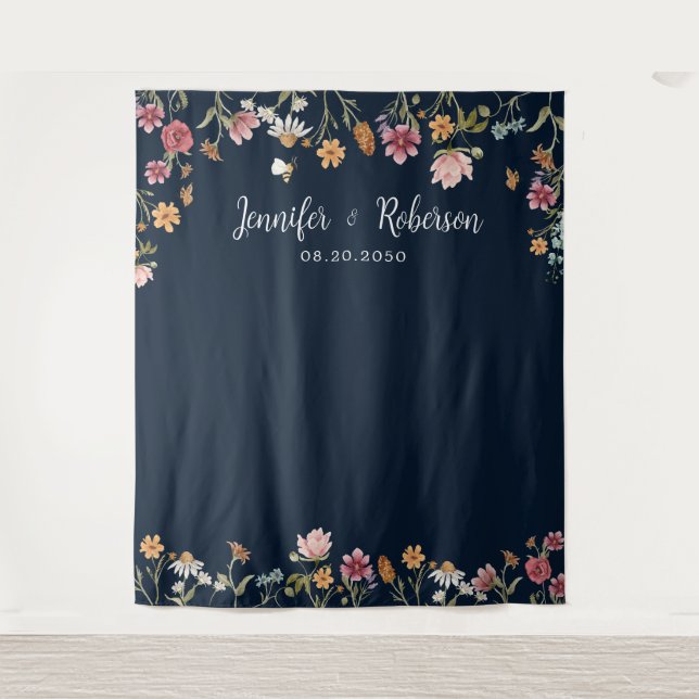 Navy Blue Wildflower Wedding Backdrops Tapestry (Front)