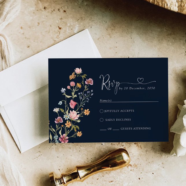 Navy Blue Wildflower Wedding RSVP Card (Creator Uploaded)