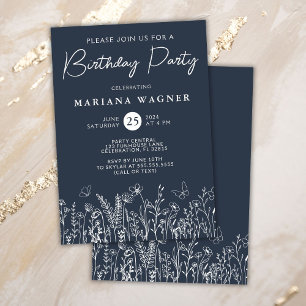 Navy Blue Wildflowers Birthday Party Invitation