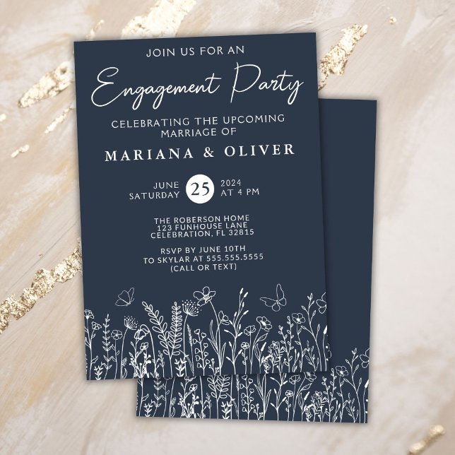 Navy Blue Wildflowers Engagement Party Invitation (Creator Uploaded)