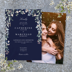 Navy Blue Wildflowers Floral Photo Wedding Invitation