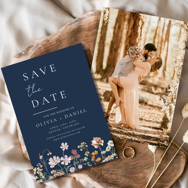 Navy Blue Wildflowers Photo Boho Save the Date (Creator Uploaded)